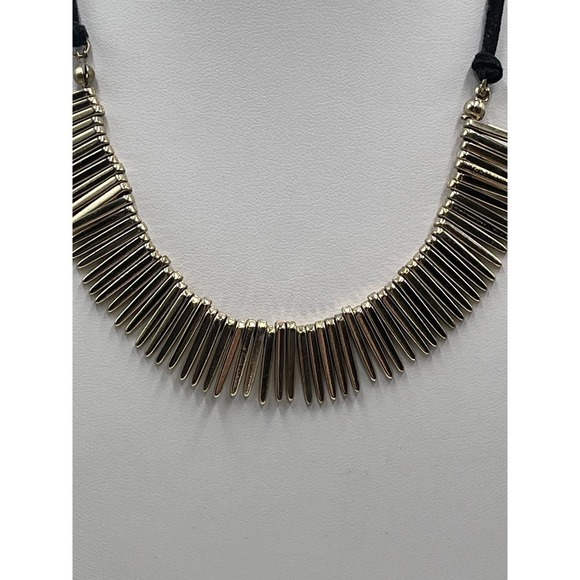 Natasha Gold Tone Spikes Dangles Black Leather Necklace - Picture 7 of 13